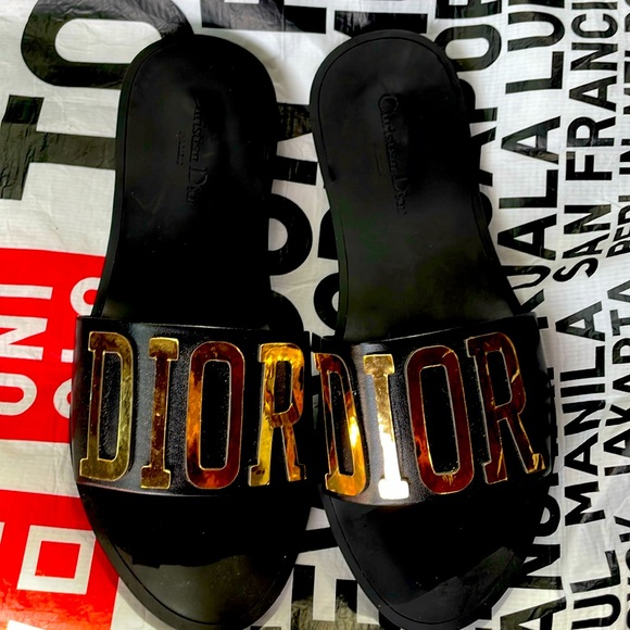 Dior Shoes - Christian Dior BLACK and GOLD logo slides Paris 8